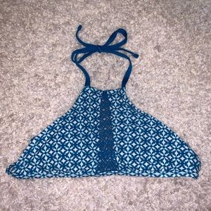 blue and white pattered bikini top